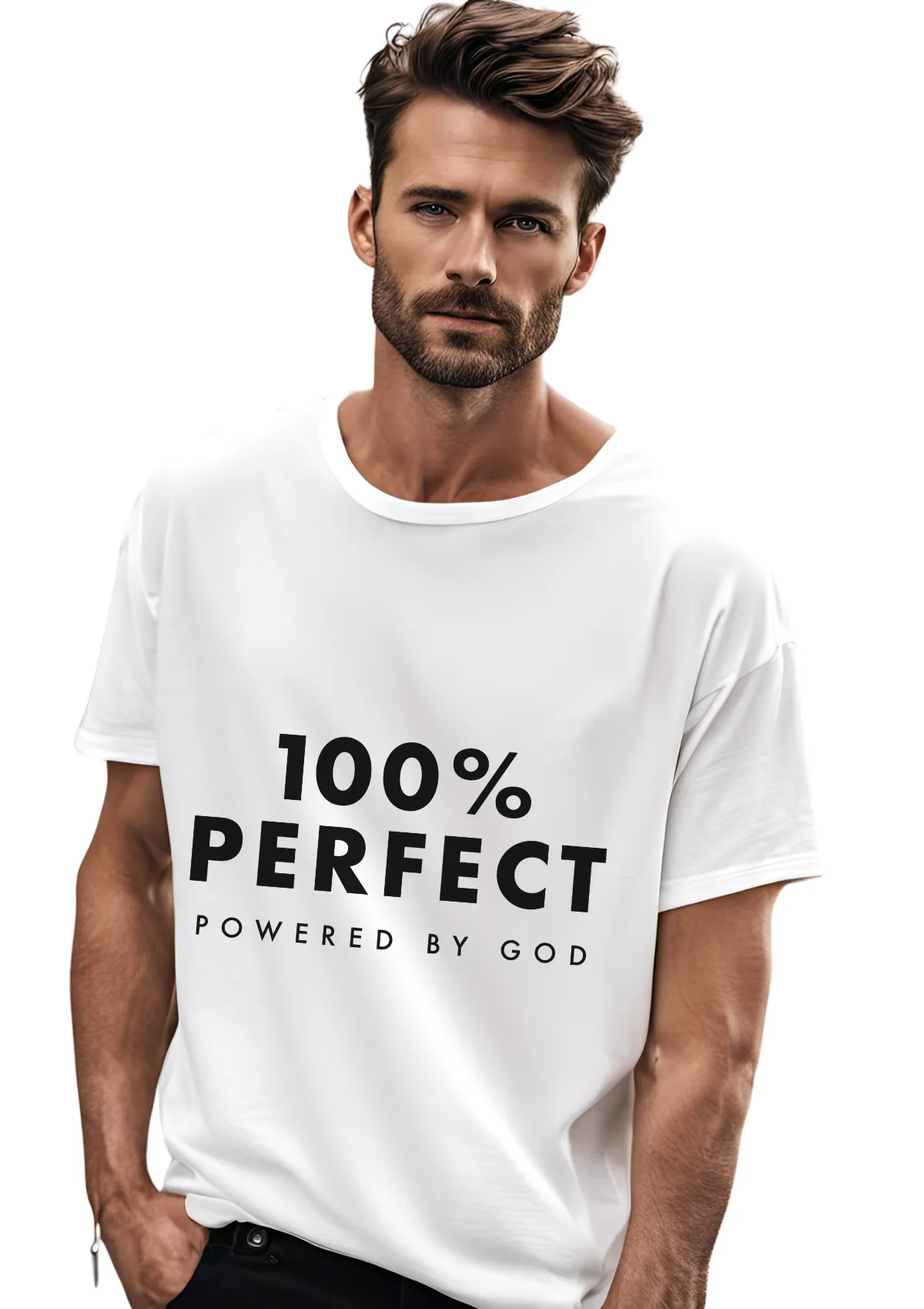 100% Perfect - Powered by God Unisex White T-Shirt with Black Print