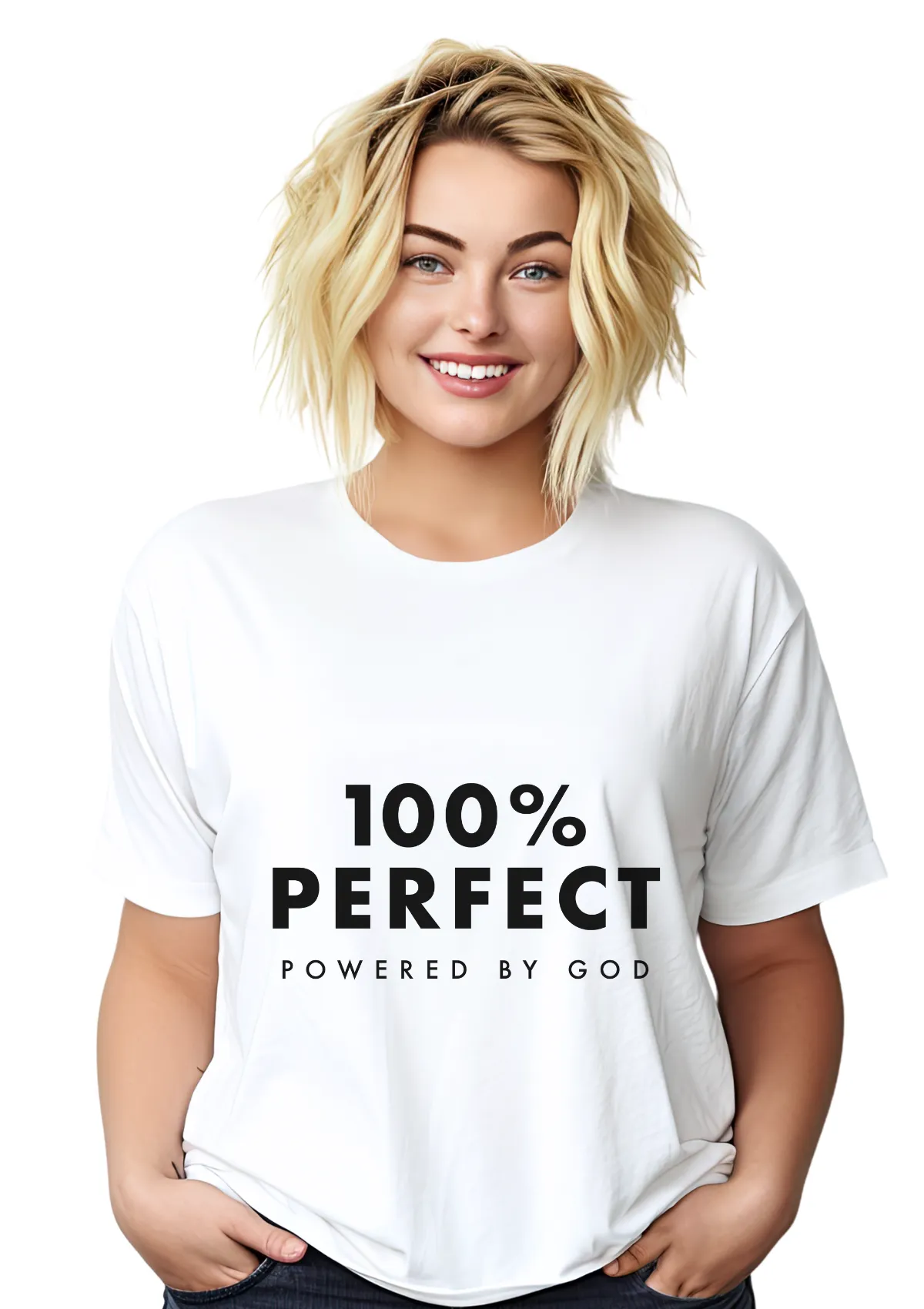 100% Perfect - Powered by God Unisex White T-Shirt with Black Print