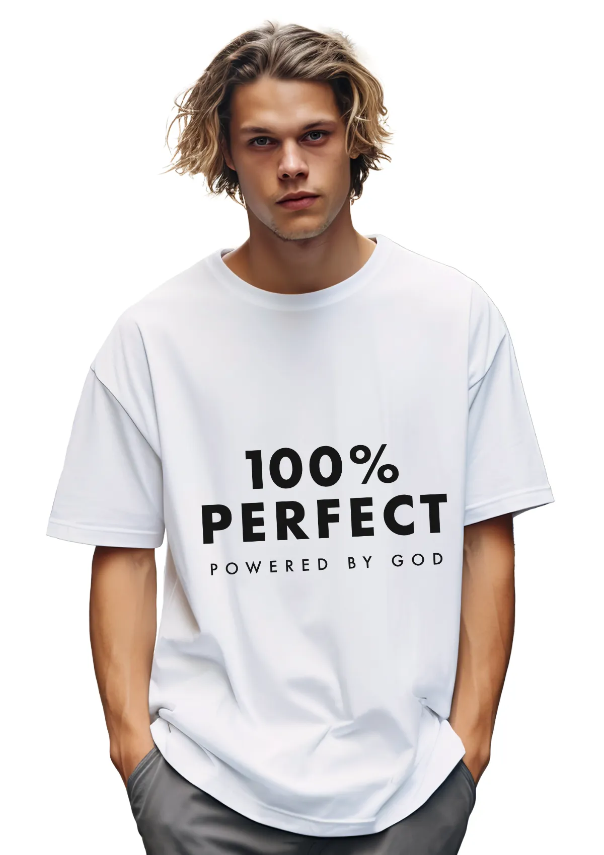 100% Perfect - Powered by God Unisex White T-Shirt with Black Print