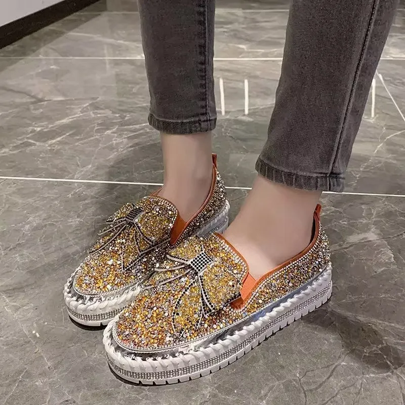 Aglaia Shining Rhinestone Slip-On Thick Botton Casual Ladies Crystal Shoes