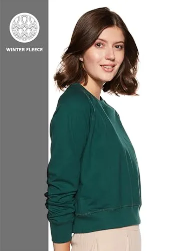 Amazon Brand - Symbol Women's Regular Cotton Blend Crew Neck Sweatshirt (AW18WNSSW03_Forest Green_Medium_Forest Green_M)