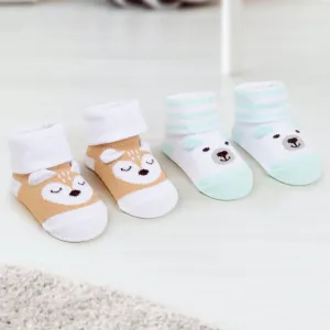 Baby Moo 3D Fox Bear Cotton Ankle Length Infant Dress Up Walking Set of 2 Socks Booties - Turquoise