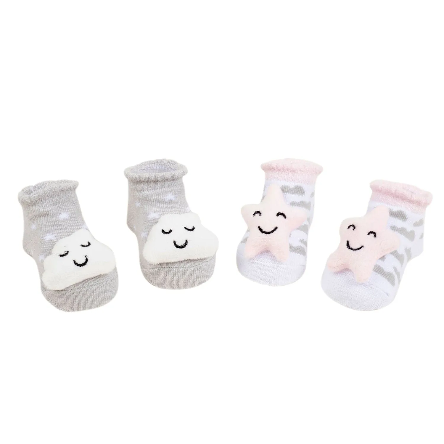 Baby Moo 3D Sleepy Star Cotton Ankle Length Fancy Infant Gift Set of 2 Socks Booties - Grey, Pink