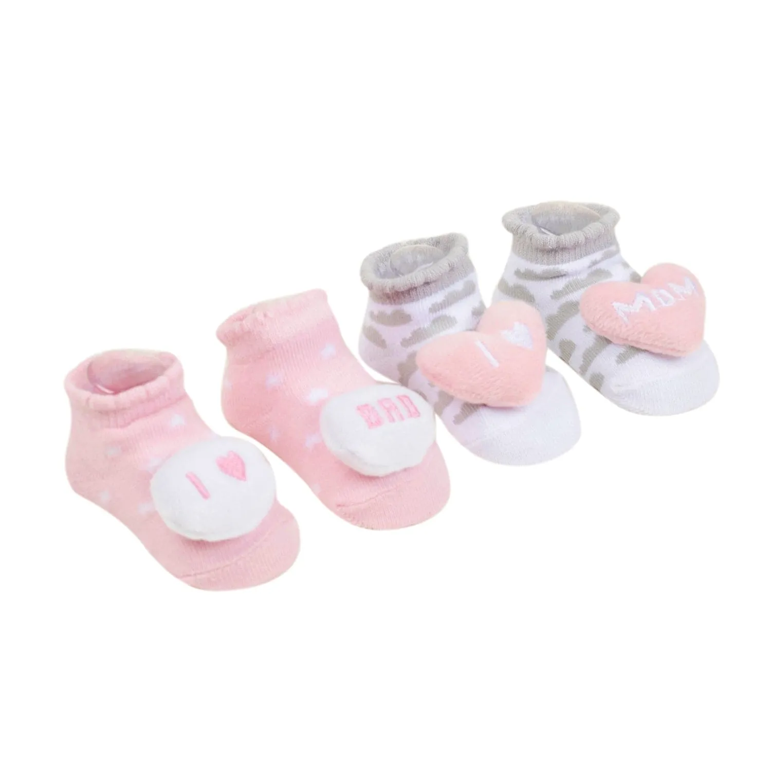 Baby Moo Mom Dad's Heart Cotton 3D Ankle Length Fancy Infant Gift Set of 2 Socks Booties - Pink, Grey