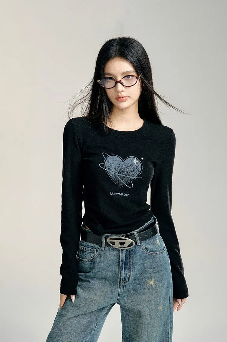 Basic Style Waist Slim Design Versatile Love Heart Long-sleeved T-shirt MAC0093