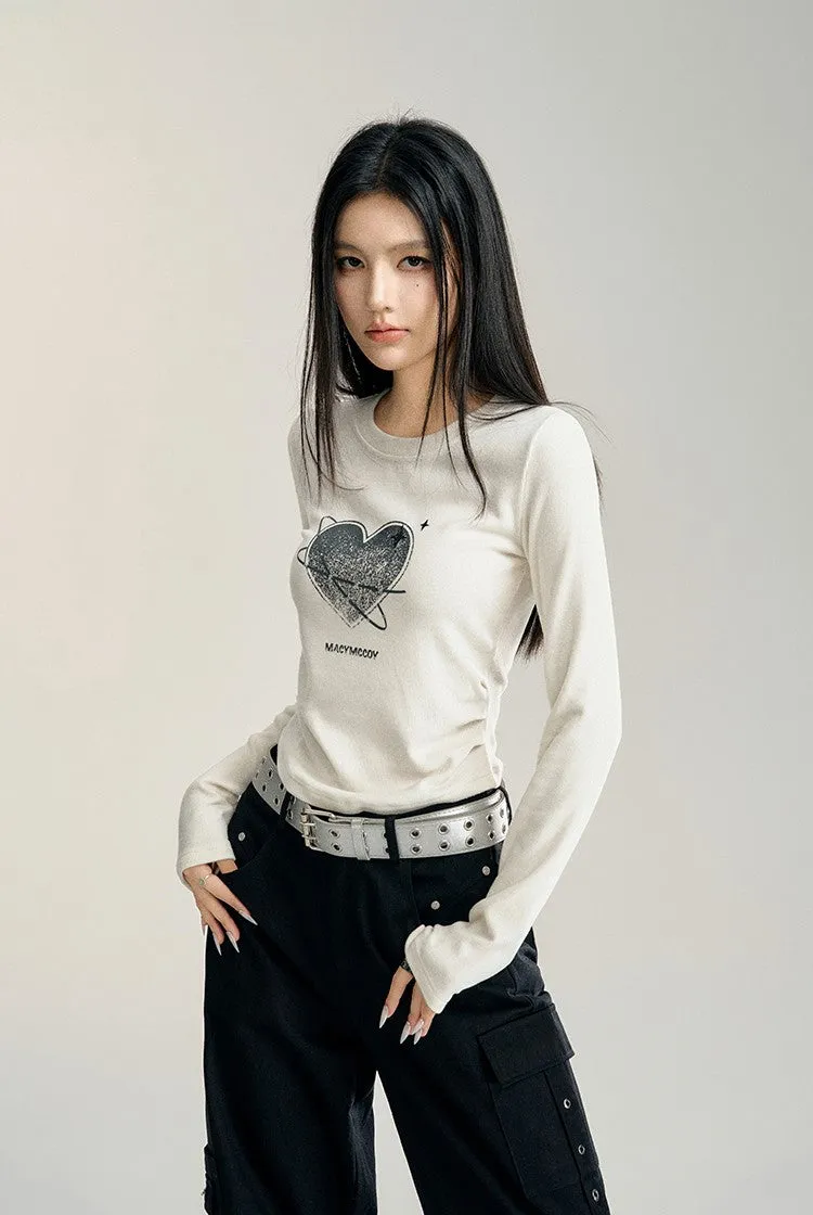 Basic Style Waist Slim Design Versatile Love Heart Long-sleeved T-shirt MAC0093