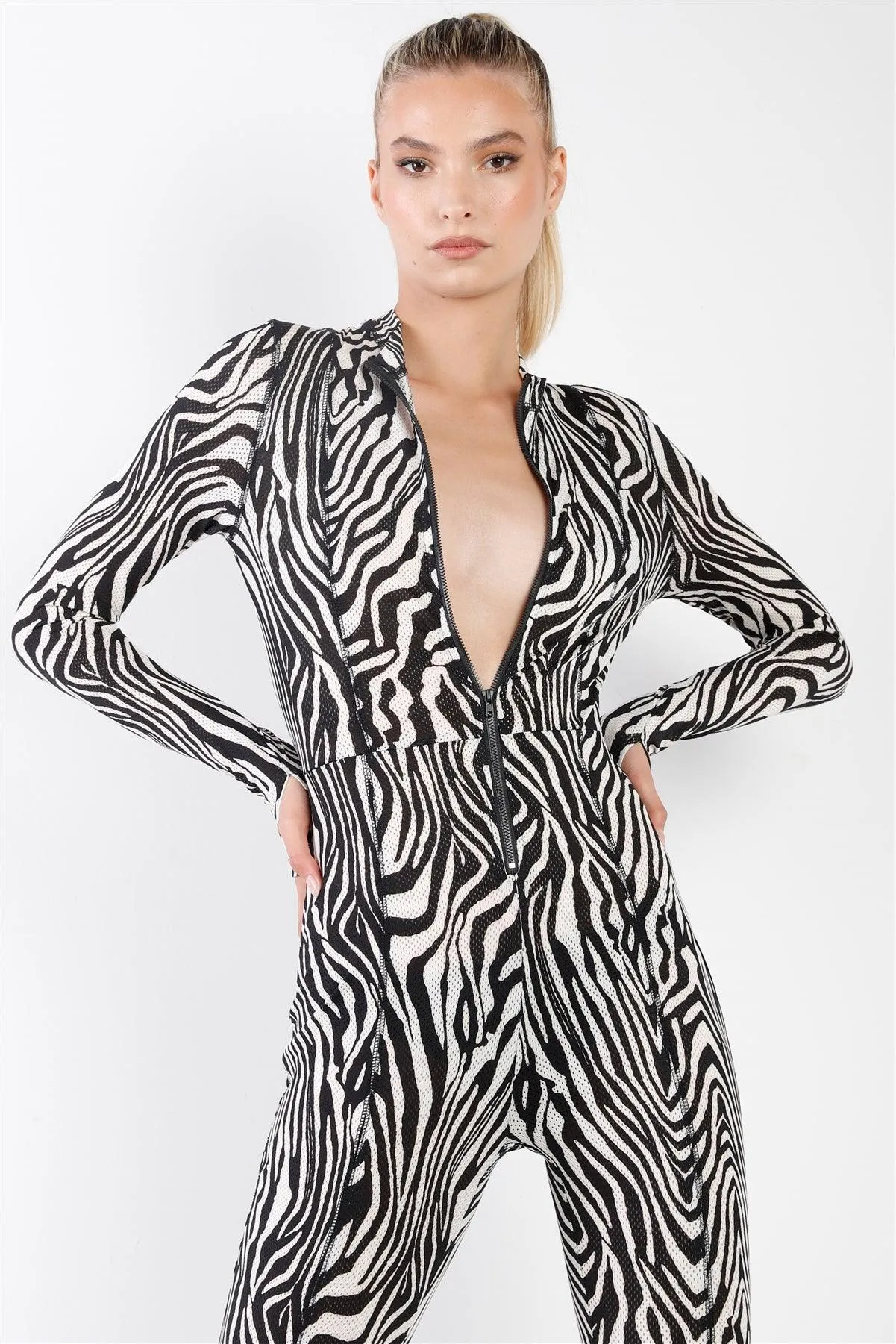 Black & White Zebra Print Long Sleeve High-Neck Front Zip Fitted Catsuit / Jumpsuit /2-1-3