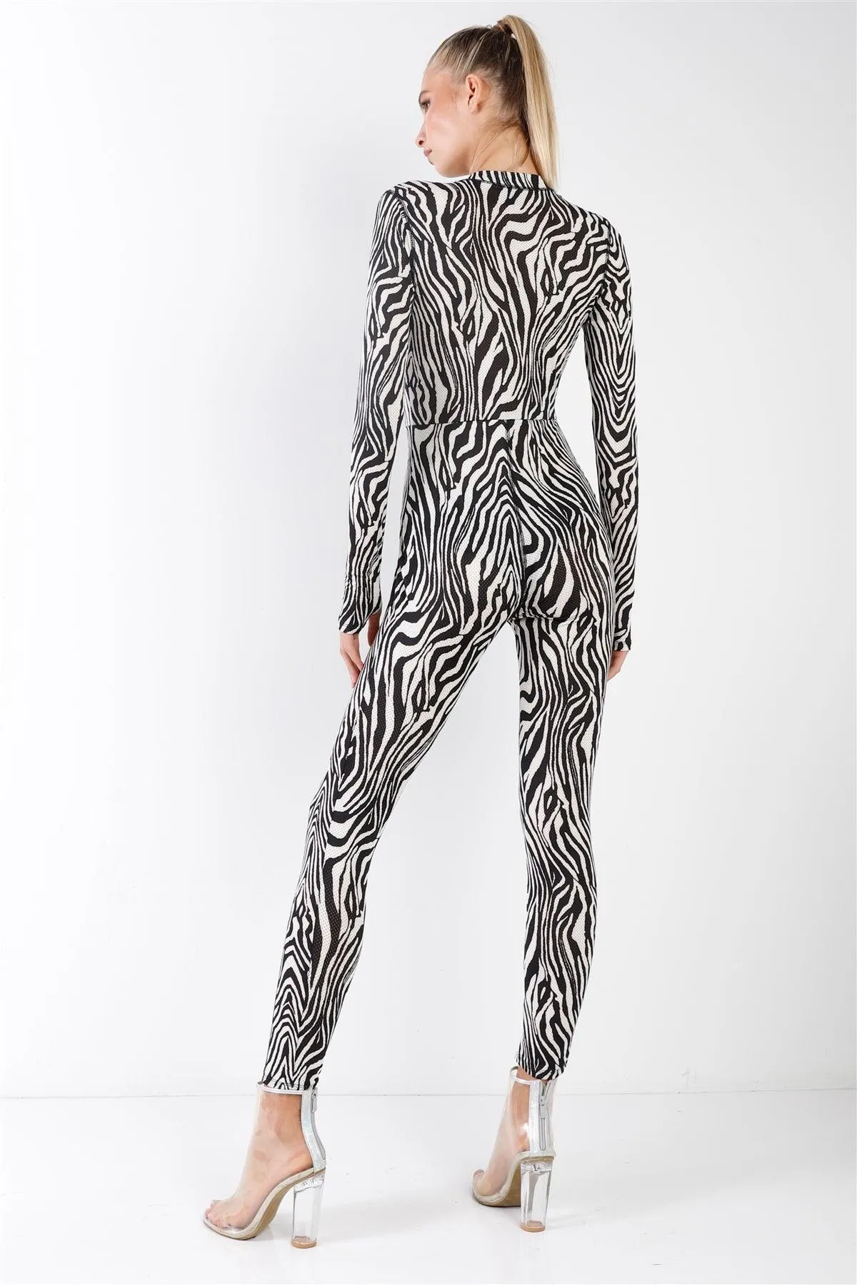 Black & White Zebra Print Long Sleeve High-Neck Front Zip Fitted Catsuit / Jumpsuit /2-1-3