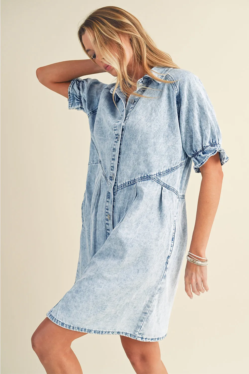 Blue Mineral Washed Ruffled Short Sleeve Pocketed Denim Dress