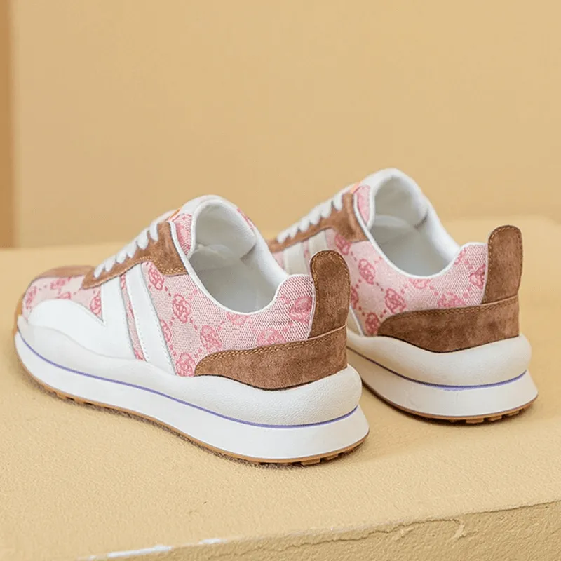 Cozy Genuine Leather Lace-up Ankle Flat Sneakers with Print - SF0978