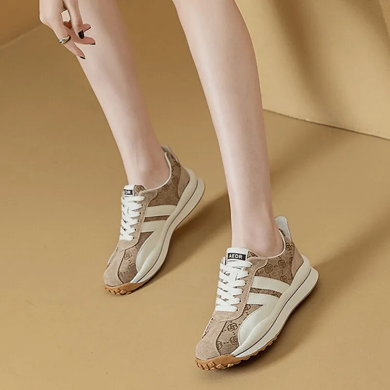 Cozy Genuine Leather Lace-up Ankle Flat Sneakers with Print - SF0978