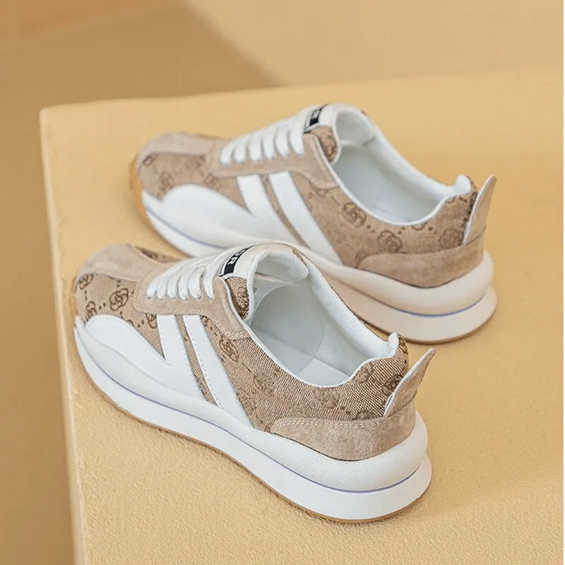 Cozy Genuine Leather Lace-up Ankle Flat Sneakers with Print - SF0978