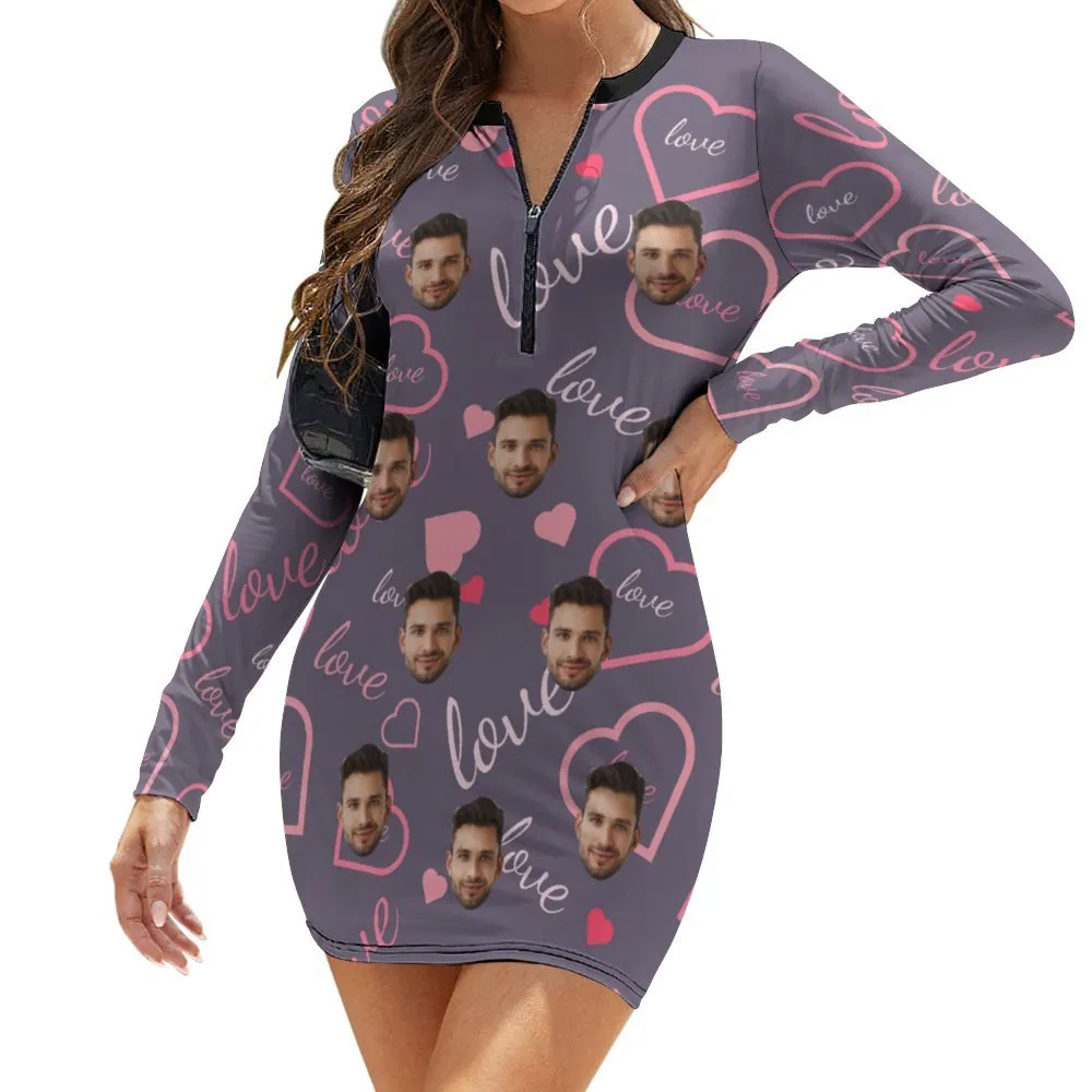 Custom Face Love Women's Quarter Zip Long Sleeve Hip Covering Waist Short Dress