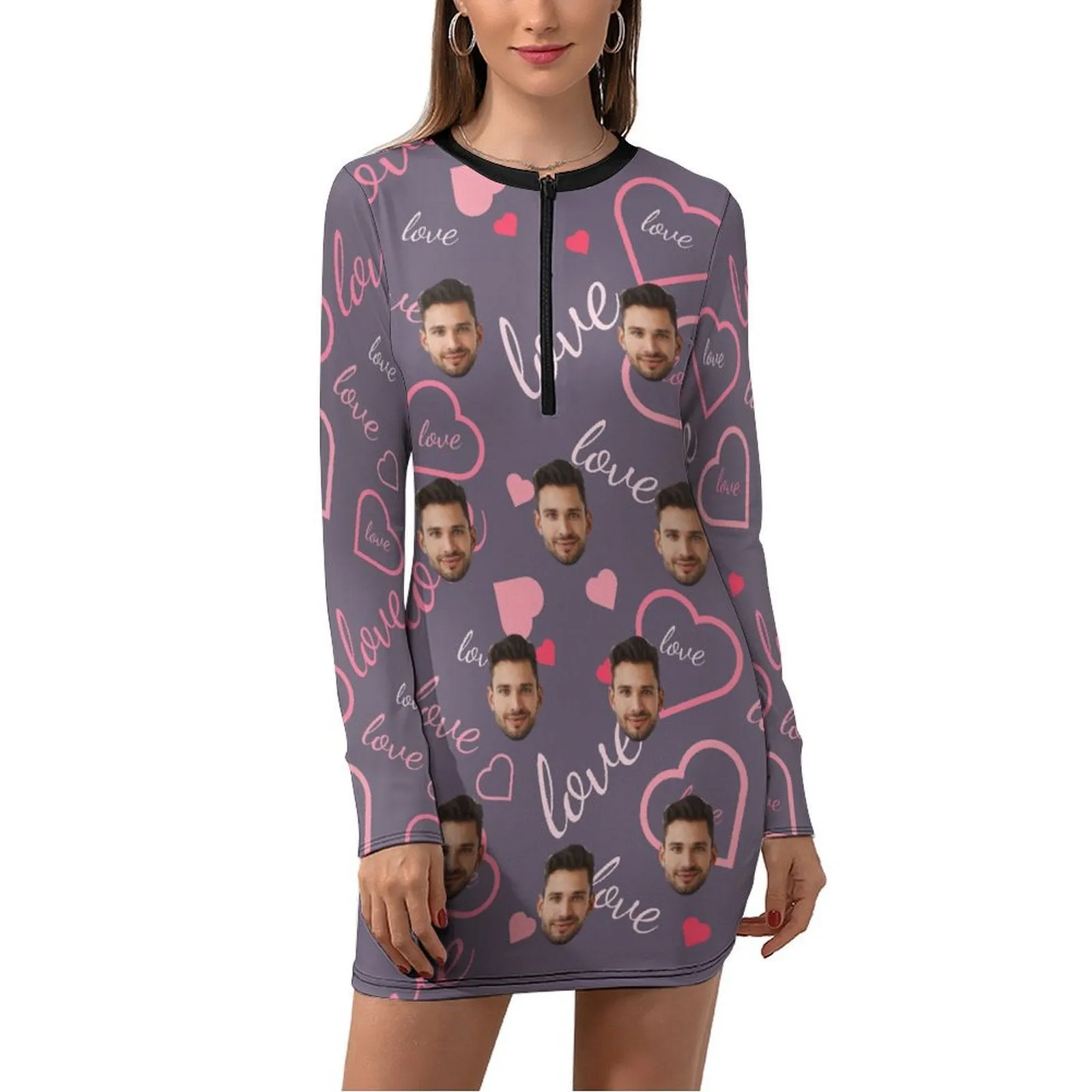 Custom Face Love Women's Quarter Zip Long Sleeve Hip Covering Waist Short Dress