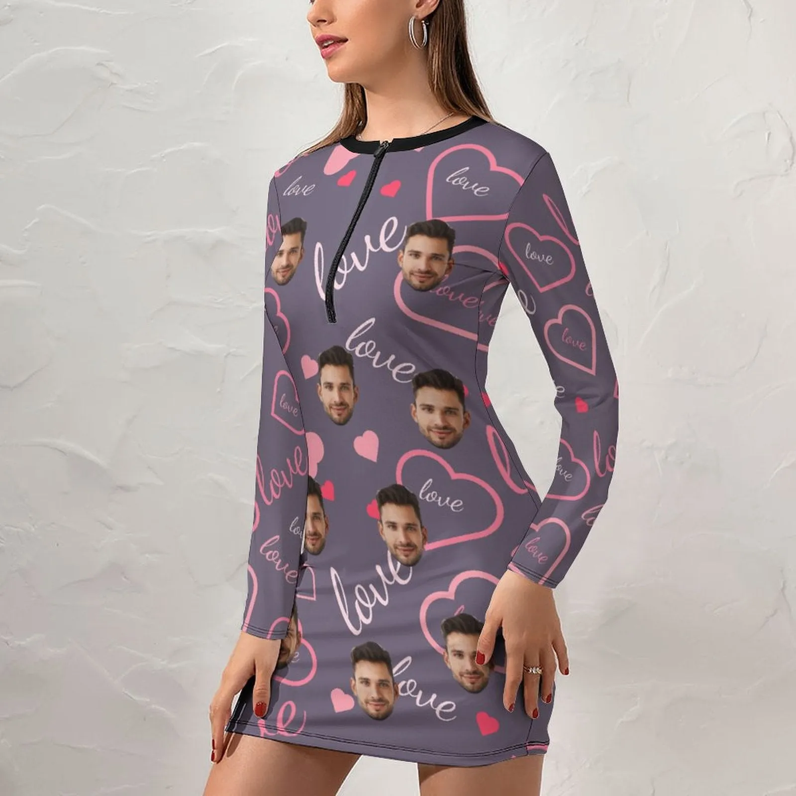 Custom Face Love Women's Quarter Zip Long Sleeve Hip Covering Waist Short Dress