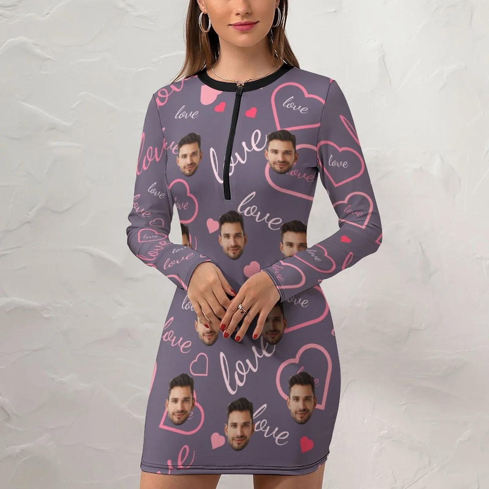 Custom Face Love Women's Quarter Zip Long Sleeve Hip Covering Waist Short Dress