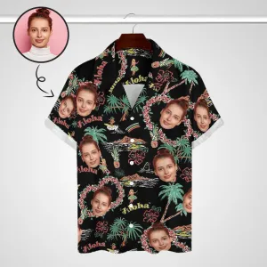 Custom Face Palm Trees and Aloha Black Men's Lapel Shirt Cuban Collar Hawaiian Shirt