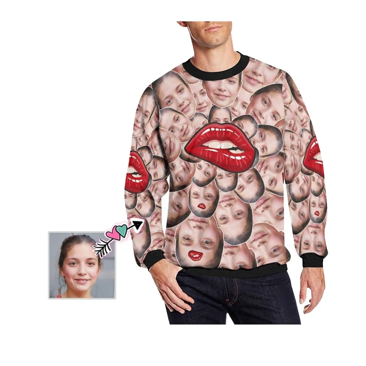 Custom Face Red Lip Loose Sweatshirt Personalized Face All Over Print Crewneck Loose Sweatshirt