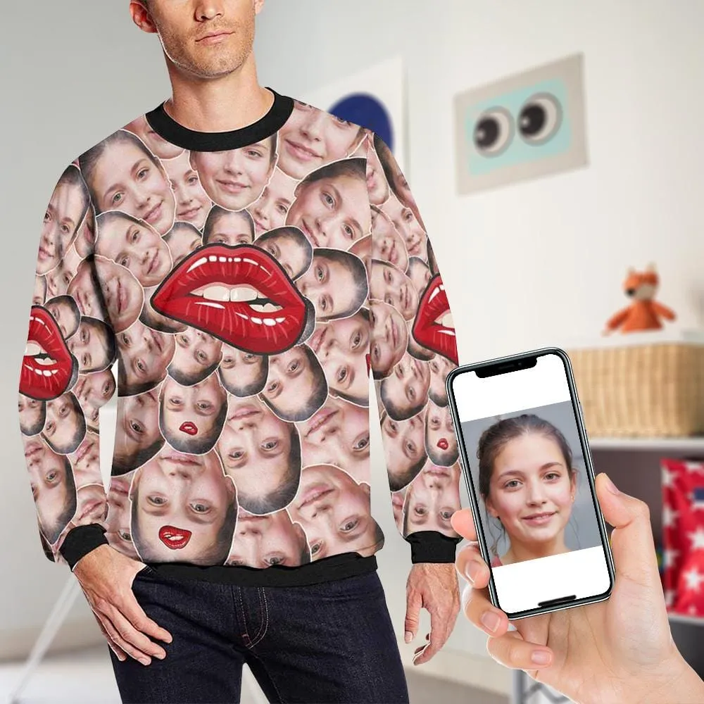 Custom Face Red Lip Loose Sweatshirt Personalized Face All Over Print Crewneck Loose Sweatshirt