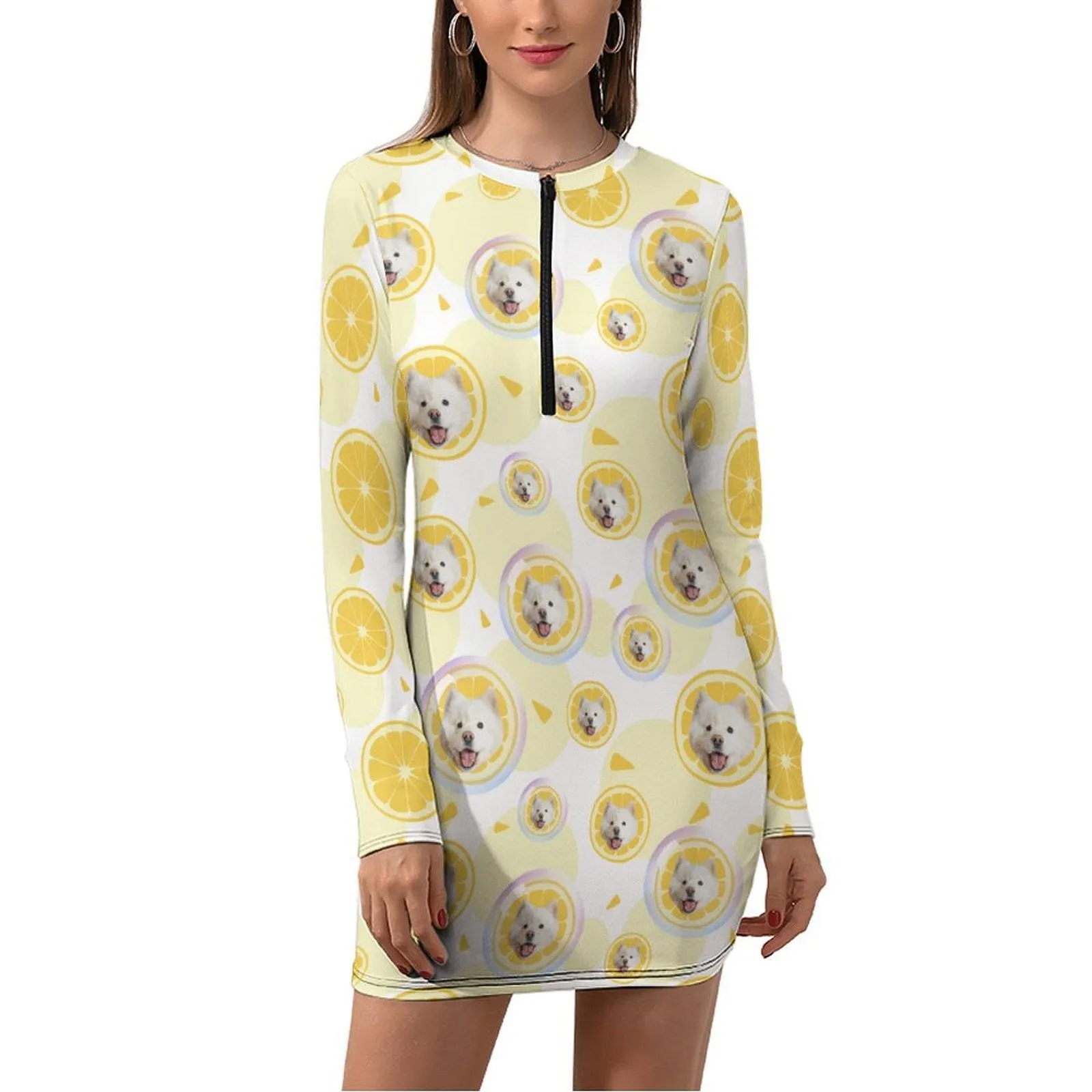 Custom Pet Face Lemon Women's Quarter Zip Long Sleeve Hip Covering Waist Short Dress