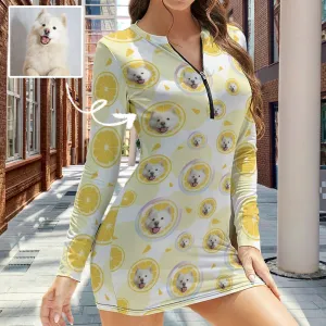 Custom Pet Face Lemon Women's Quarter Zip Long Sleeve Hip Covering Waist Short Dress