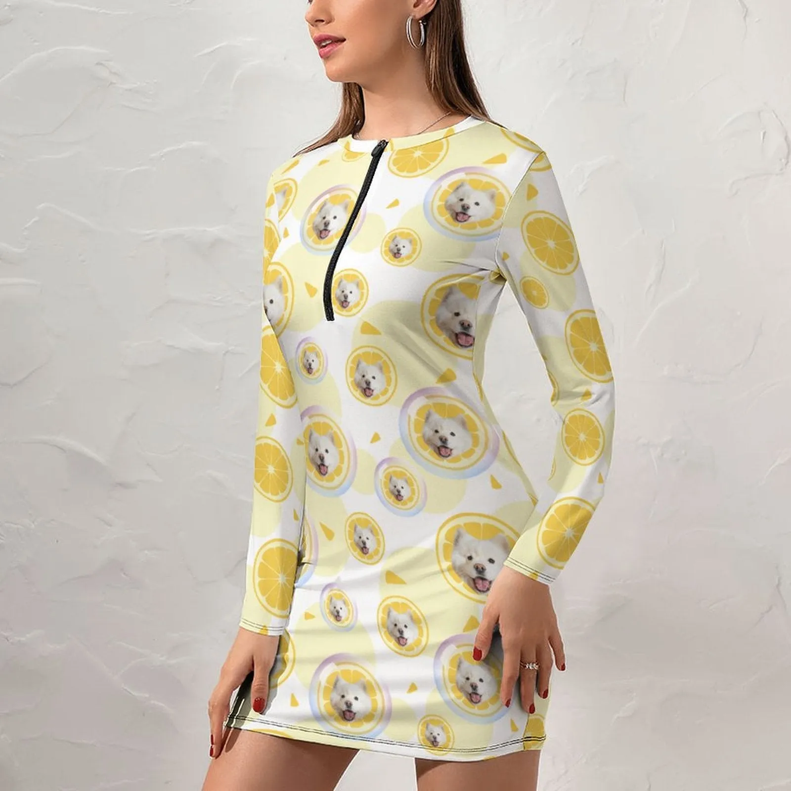 Custom Pet Face Lemon Women's Quarter Zip Long Sleeve Hip Covering Waist Short Dress