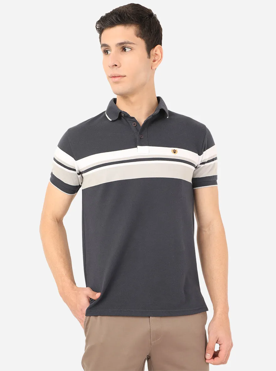 Dark Grey Striped Slim Fit Polo T-Shirt | JadeBlue