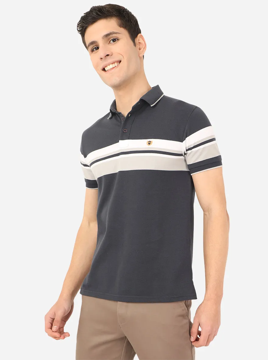 Dark Grey Striped Slim Fit Polo T-Shirt | JadeBlue