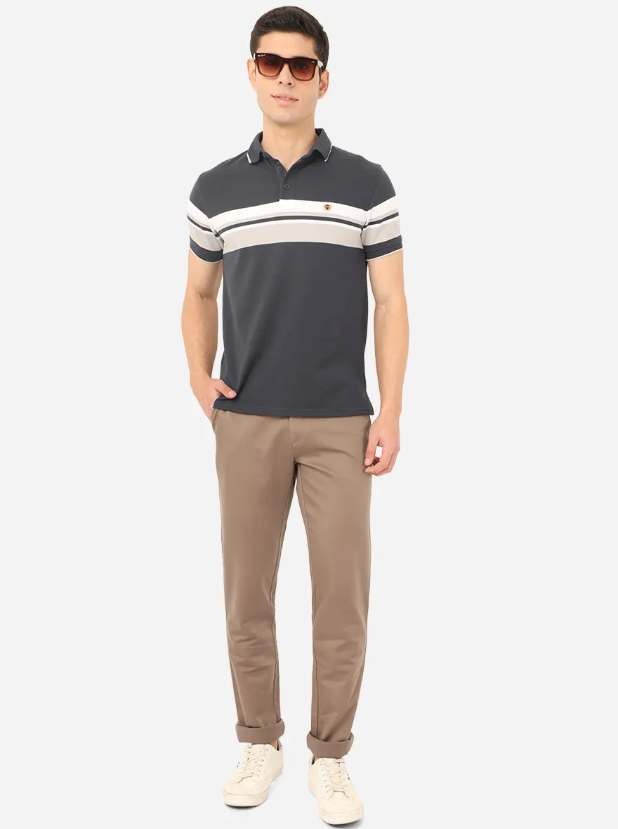 Dark Grey Striped Slim Fit Polo T-Shirt | JadeBlue