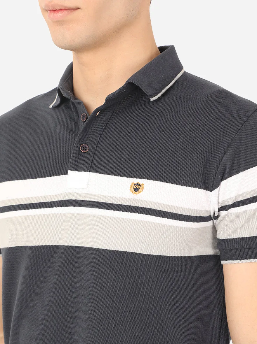 Dark Grey Striped Slim Fit Polo T-Shirt | JadeBlue