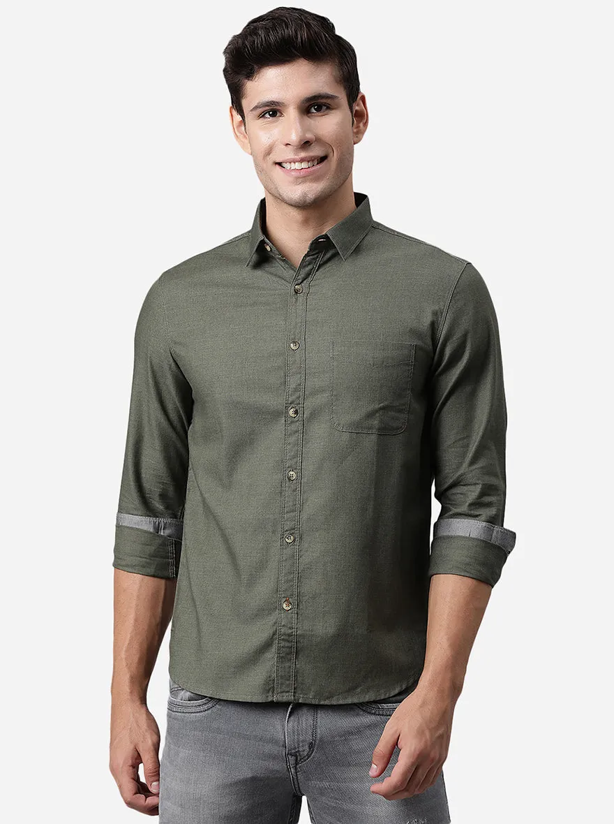 Dark Olive Solid Slim Fit Semi Casual Shirt | Greenfibre