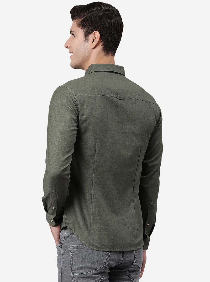 Dark Olive Solid Slim Fit Semi Casual Shirt | Greenfibre