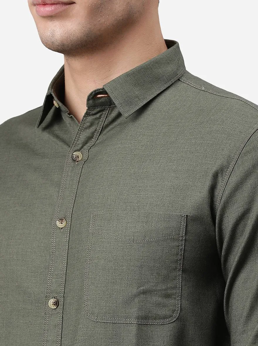 Dark Olive Solid Slim Fit Semi Casual Shirt | Greenfibre