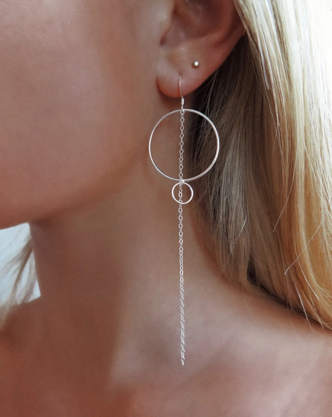 Double Ring Chain Earrings  - Sterling Silver