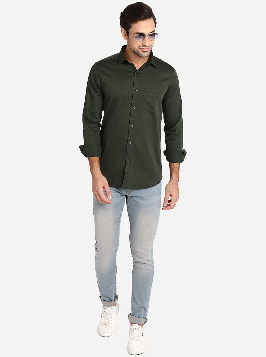 Forest Green Solid Slim Fit Semi Casual Shirt | JadeBlue