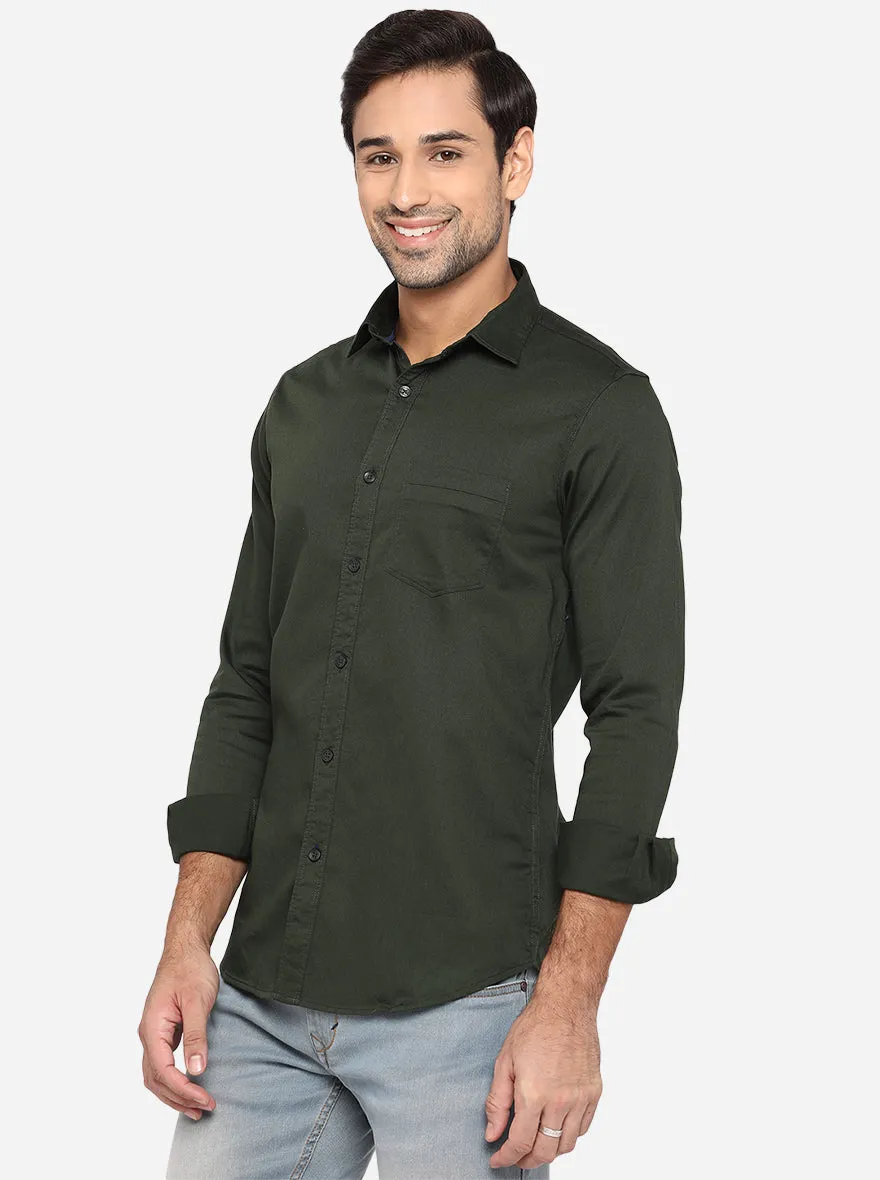 Forest Green Solid Slim Fit Semi Casual Shirt | JadeBlue