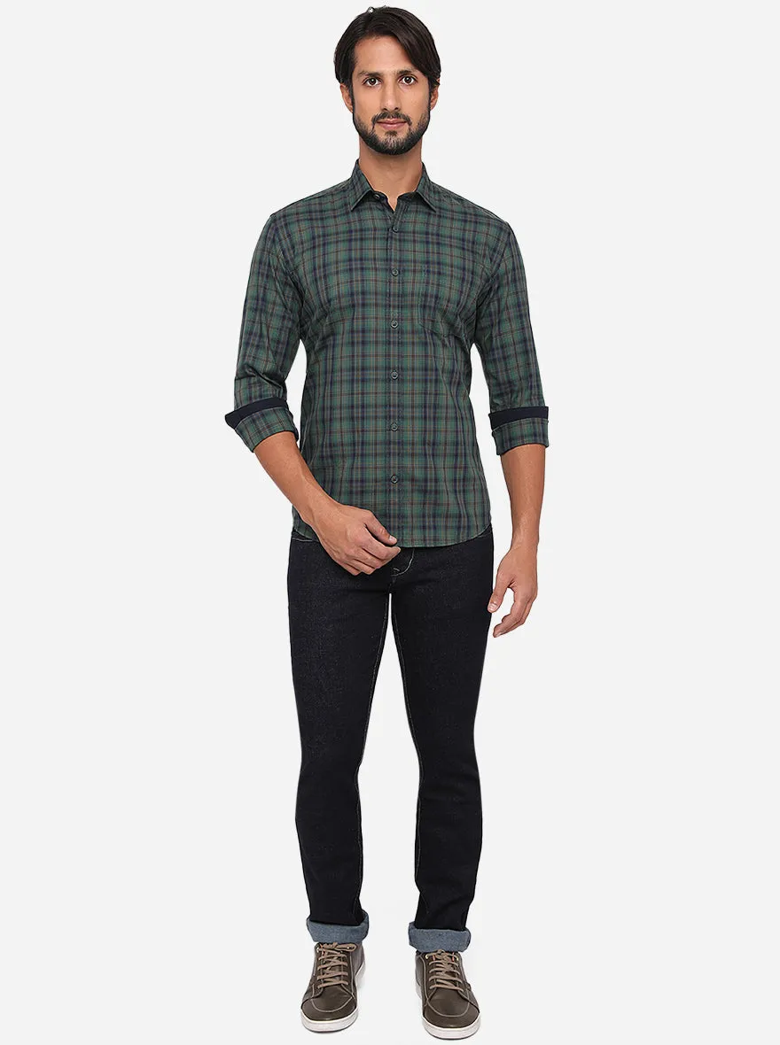 Green & Blue Checked Slim Fit Semi Casual Shirt | JadeBlue