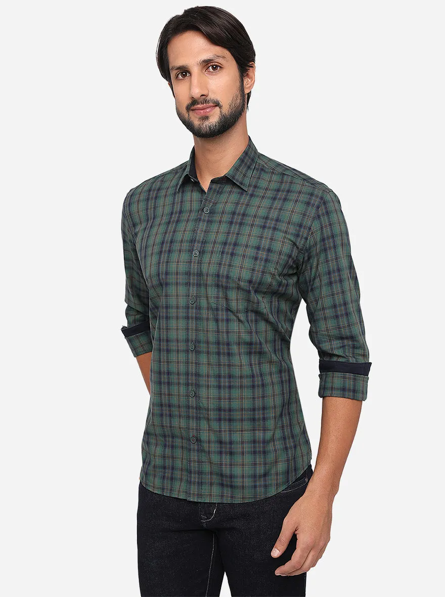 Green & Blue Checked Slim Fit Semi Casual Shirt | JadeBlue