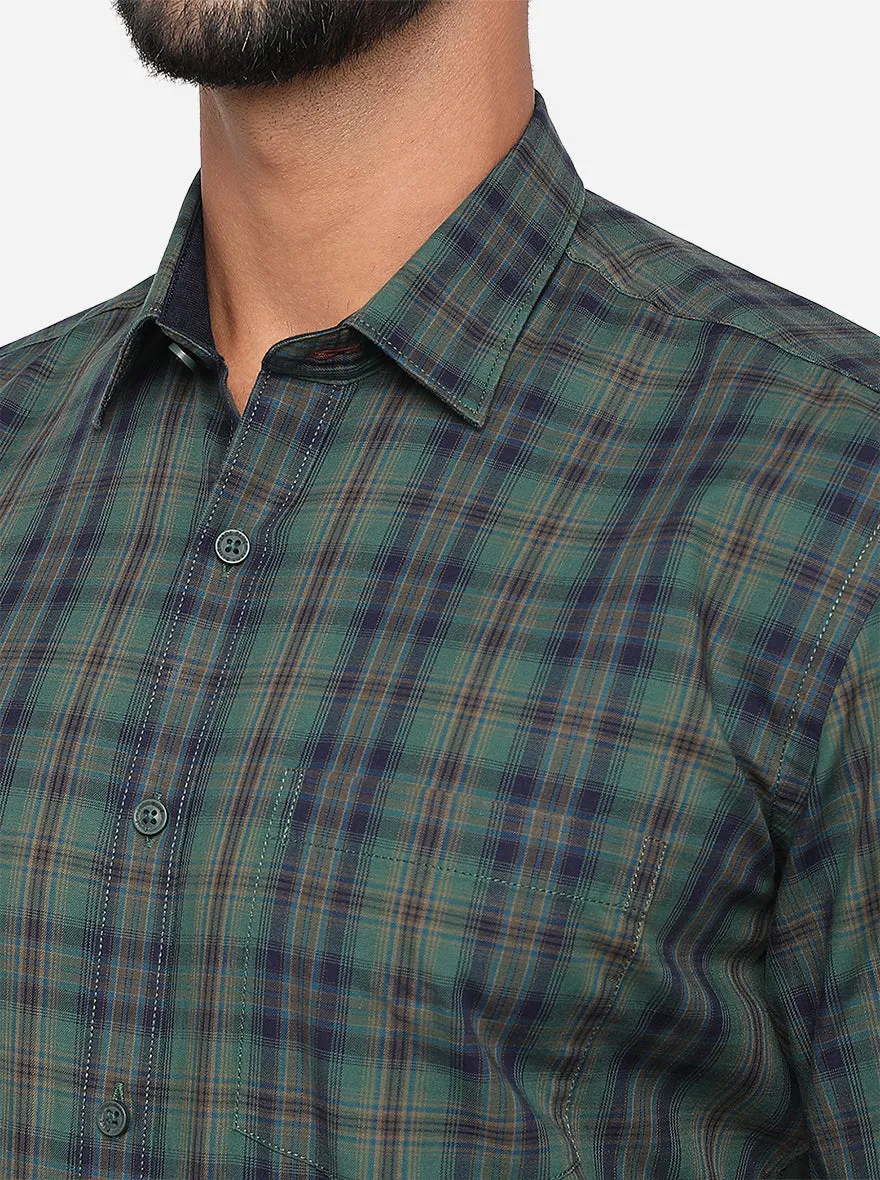 Green & Blue Checked Slim Fit Semi Casual Shirt | JadeBlue