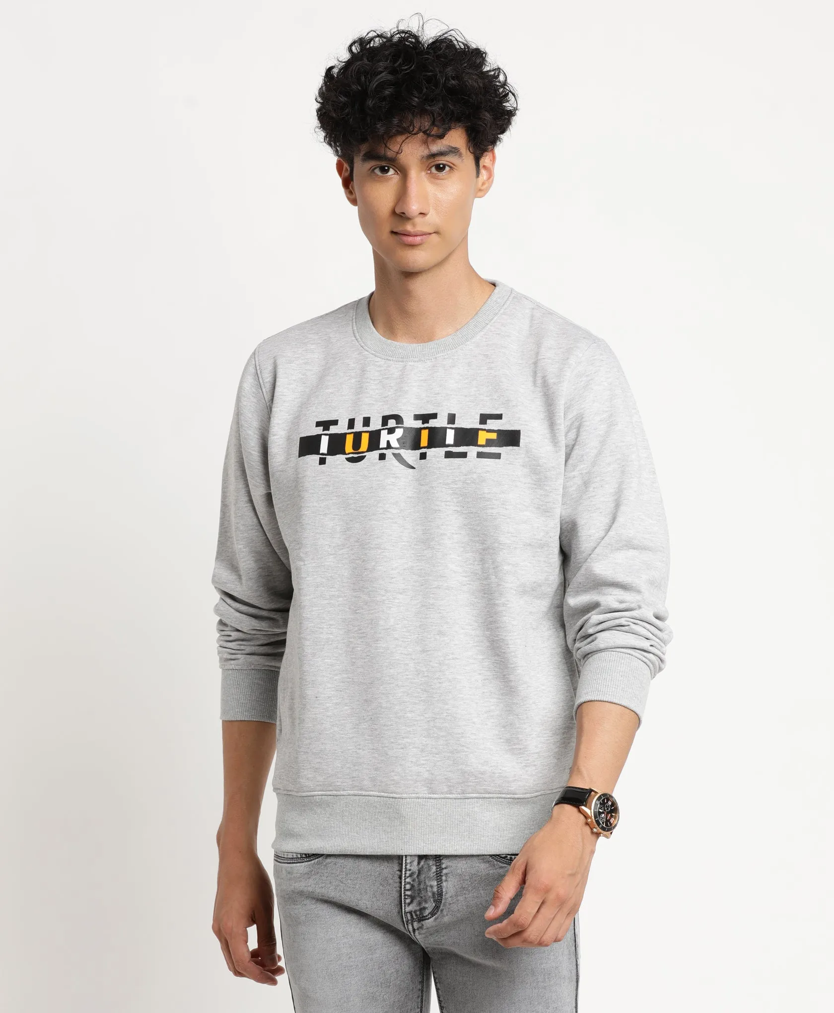 Grey Printed Polyester Cotton Round Neck Sweatshirt