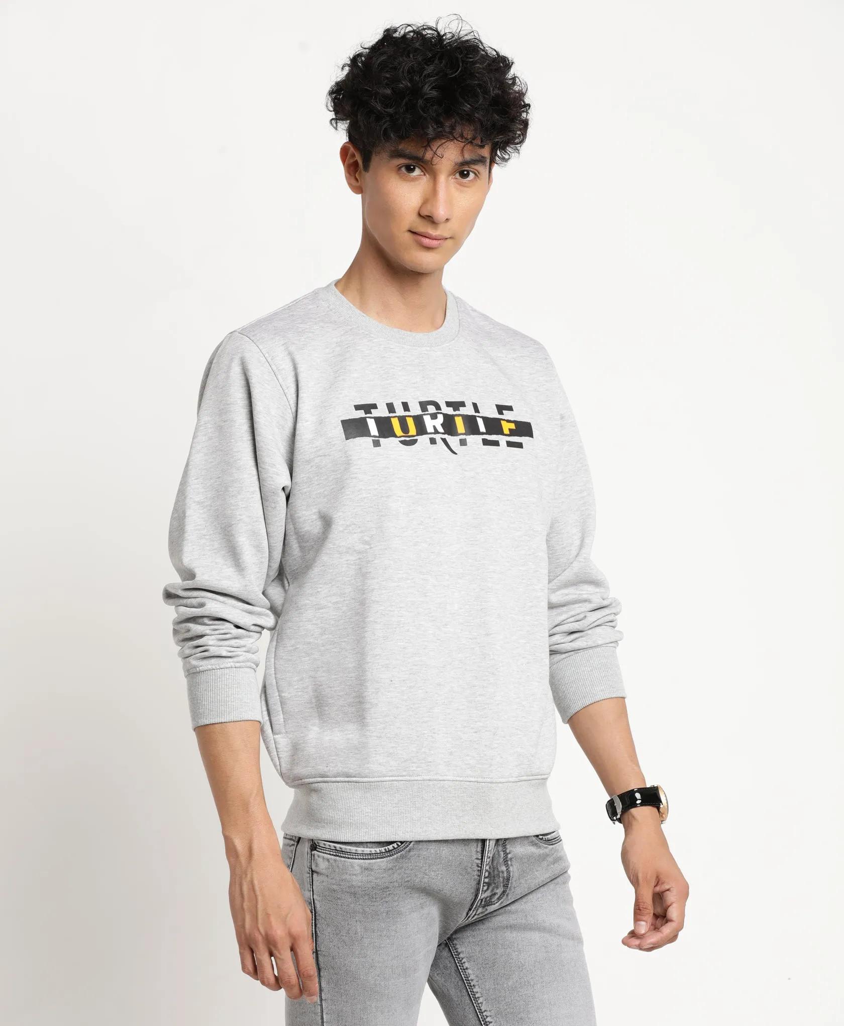 Grey Printed Polyester Cotton Round Neck Sweatshirt