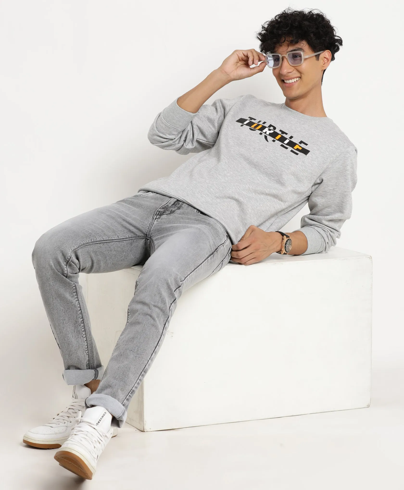 Grey Printed Polyester Cotton Round Neck Sweatshirt