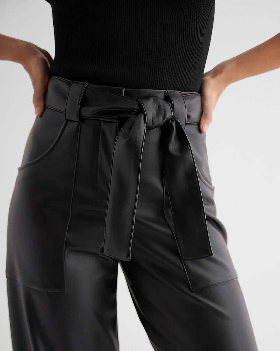 High Waisted Faux Leather Belted Utility Ankle Pant in Pitch Black