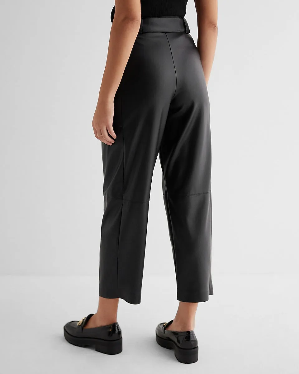 High Waisted Faux Leather Belted Utility Ankle Pant in Pitch Black