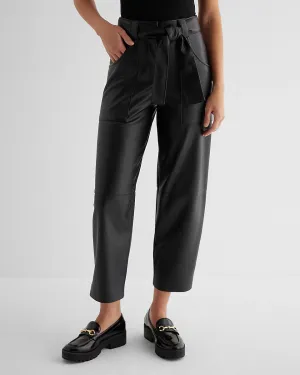 High Waisted Faux Leather Belted Utility Ankle Pant in Pitch Black