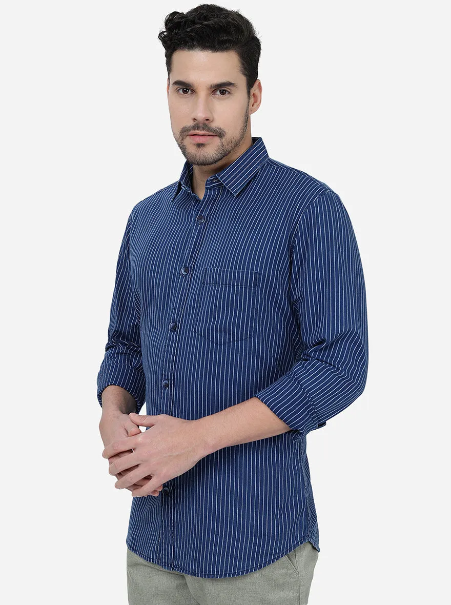 Indigo Blue Striped Slim Fit Semi Casual Shirt | JadeBlue