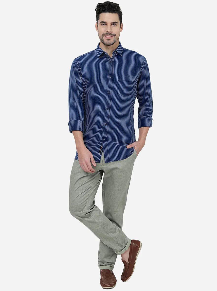 Indigo Blue Striped Slim Fit Semi Casual Shirt | JadeBlue