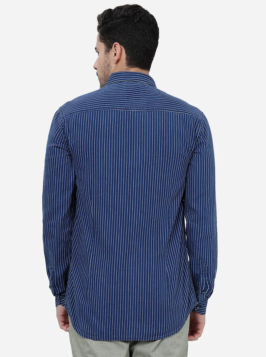 Indigo Blue Striped Slim Fit Semi Casual Shirt | JadeBlue