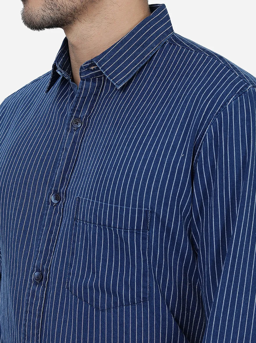 Indigo Blue Striped Slim Fit Semi Casual Shirt | JadeBlue