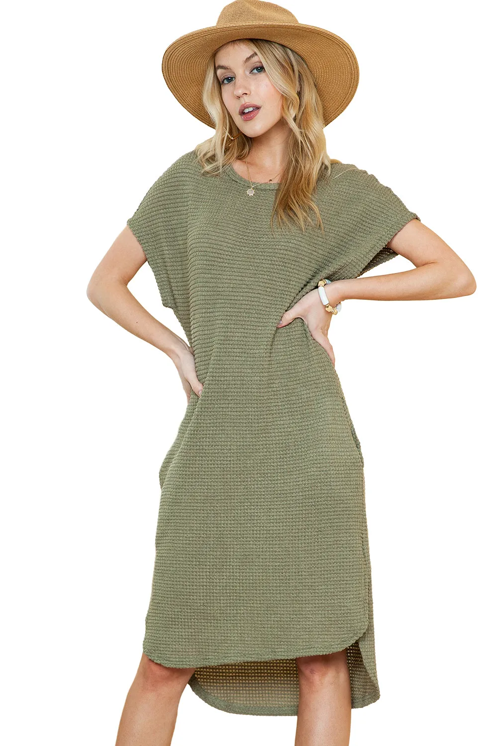 Jungle Green Batwing Sleeve Knit Curved Hem Dress